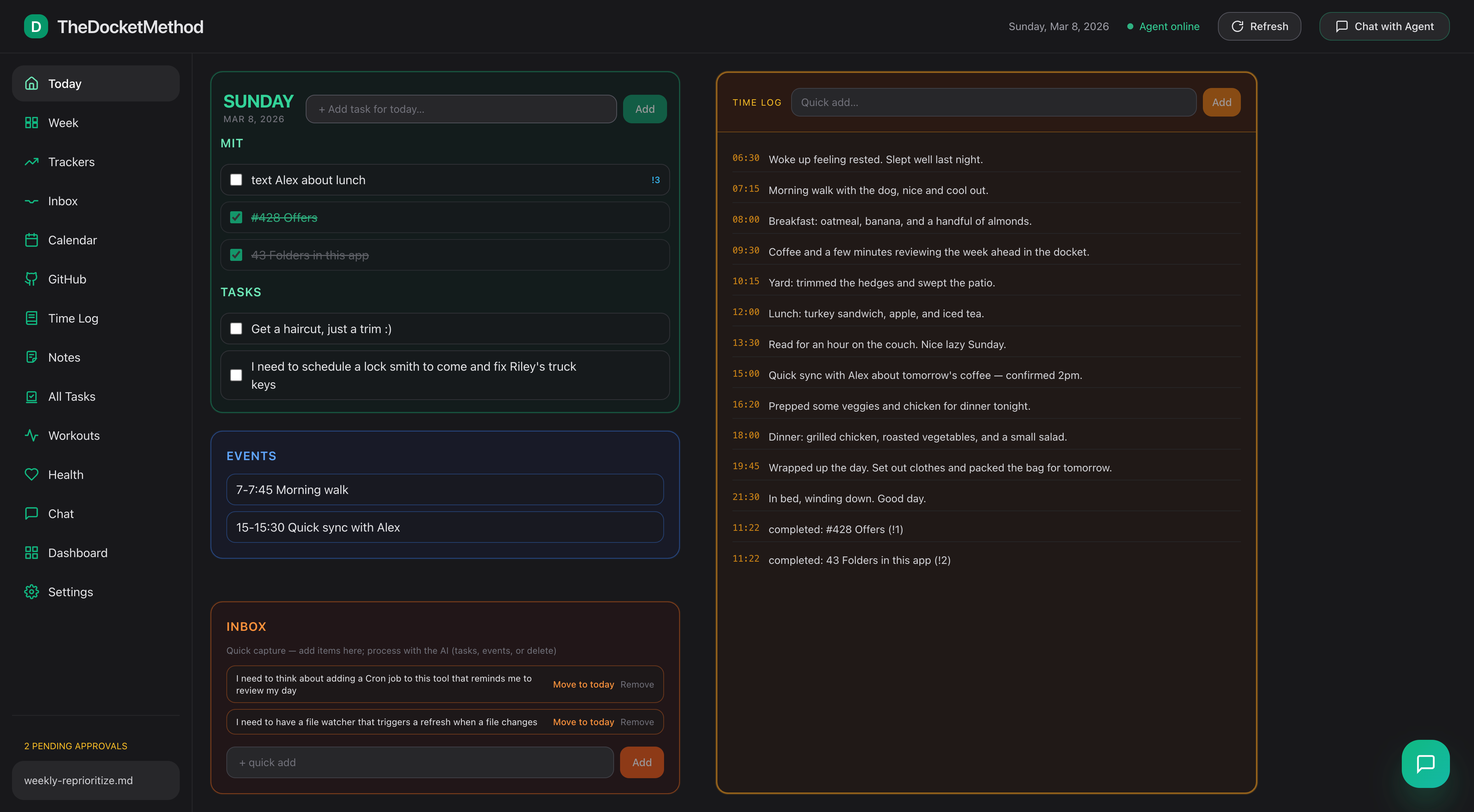 The Docket Method app, today view with tasks, events, and time log